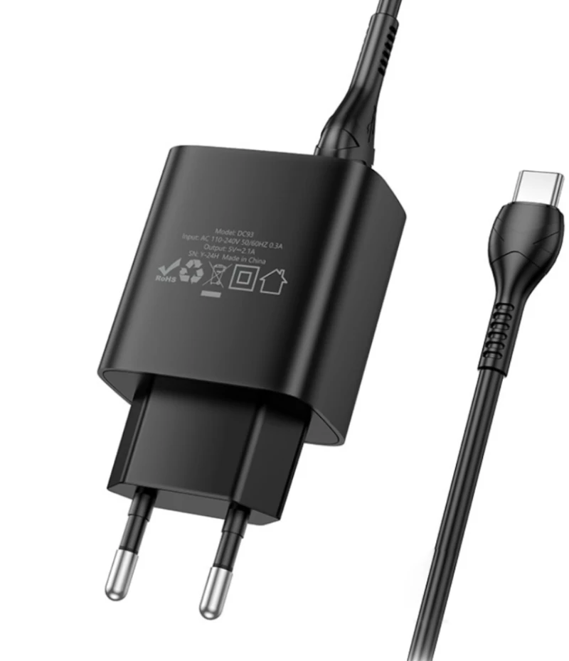 Φορτιστής Ταξιδίου Hoco DC93 1xUSB-A 5V 2.1A με Καλώδιο USB-A σε USB-C Μαύρο