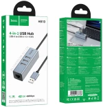 USB Hub Hoco HB1D 4-in-1 USB-A σε 3xUSB-A 2.0 + RJ45 εως 480Mbps Aluminum Alloy Γκρι