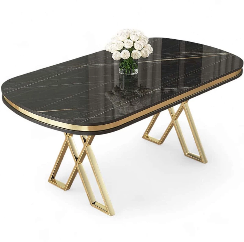 Τραπέζι Zae 240CHR2106 168x90x76cm Marble Effect Black-Gold Μοριοσανίδα, Μέταλλο