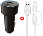 POWERTECH φορτιστής αυτοκινήτου με καλώδιο MFi USB σε micro USB/Lightning BNDL-0207, USB & USB-C, 85W, μαύρο/λευκό -