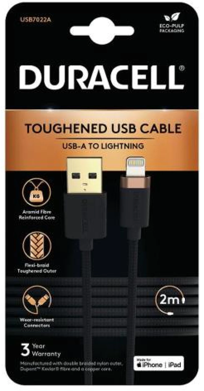 Καλώδιο Σύνδεσης USB 2.0 Duracell Braided Kevlar USB A σε MFI Lightning 15W 2m Μαύρο