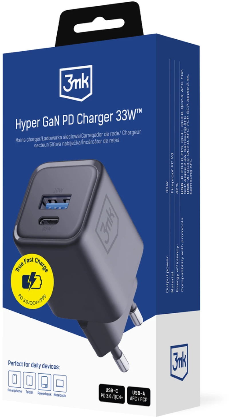 3mk Hyper Charger PD 33W GaN QC4+ PPS AFC FCP SCP 1A1C Wall Charger - Black