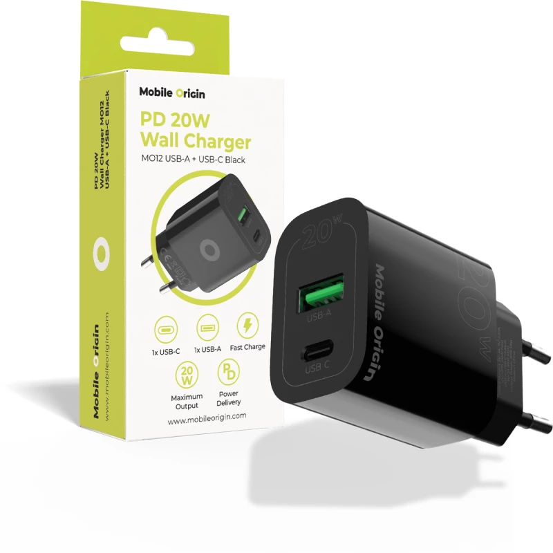 Φορτιστής Mobile Origin PD20W Wall Charger MO12 – USB-A + USB-C Black (FRL-PD20W-MO12-BLK)