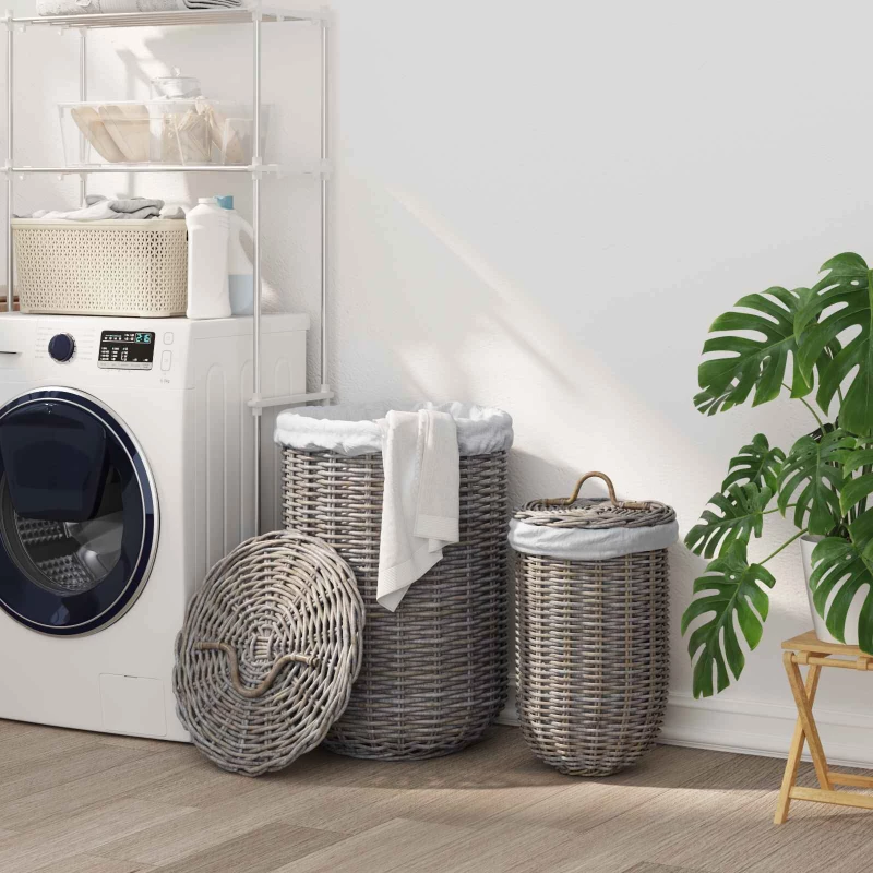 vidaXL Καλάθι Ρούχων με Καπάκι 2 pcs Γκρίζο Kubu Ρατάν Κούμπου