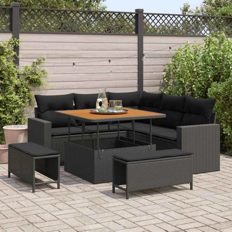 vidaXL Σετ Καναπέ Κήπου με μαξιλάρι 9 pcs Μαύρο συνθετικό ρατάν
