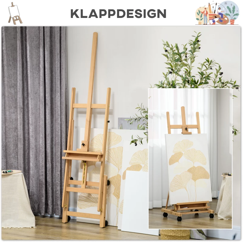 Καβαλέτο, Artist Easel, Ρυθμιζόμενο Ύψος, 4 Τροχοί, Φυσικό + Μαύρο