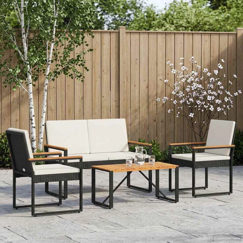 vidaXL Σετ Εξωτερικών Επίπλων με μαξιλάρι 4 pcs Μαύρο και Κρεμ Λευκό