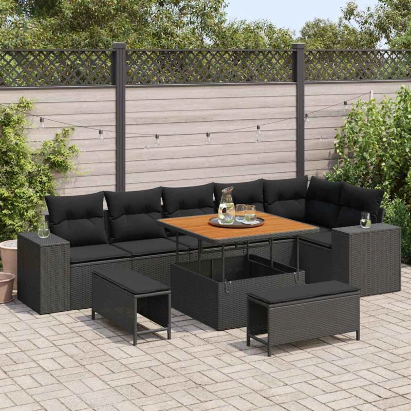 vidaXL Σετ Καναπέ Κήπου με μαξιλάρι 9 pcs Μαύρο συνθετικό ρατάν