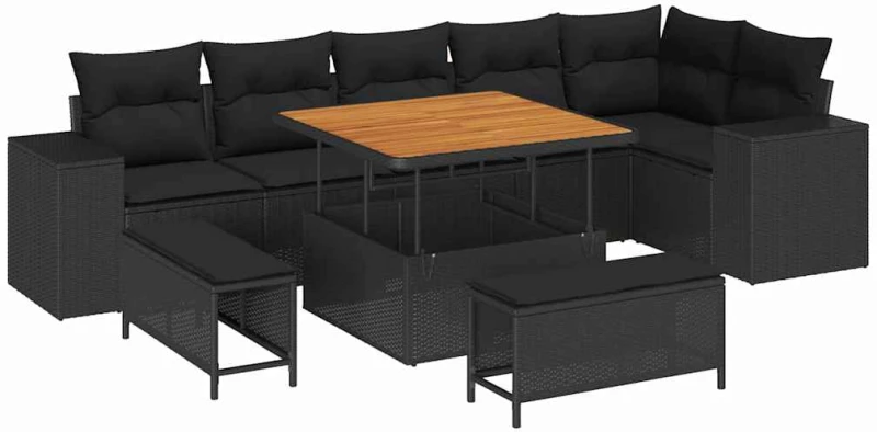 vidaXL Σετ Καναπέ Κήπου με μαξιλάρι 9 pcs Μαύρο συνθετικό ρατάν