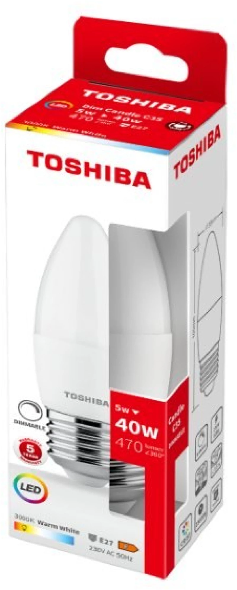 TOSHIBA LED C35 E27 5W 3000K DIMMABLE