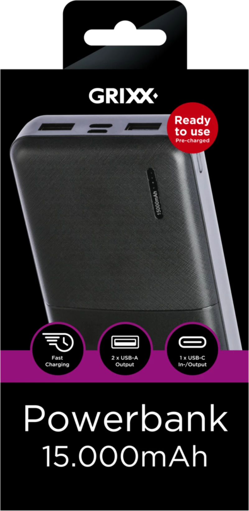 Grixx 15000mAh Powerbank   with Micro USB and USB-C Port Black