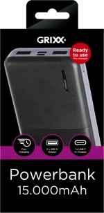Grixx 15000mAh Powerbank   with Micro USB and USB-C Port Black