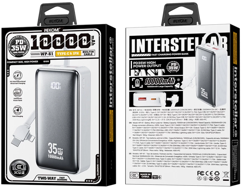 Power Bank 10000mAh PD 35W WK WP-61 2 Θέσεων, με καλώδιο USB-C/Lightning Λευκό