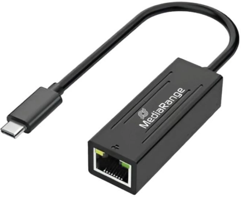 MediaRange USB Type-C® Ethernet Adapter with RJ45 Port, 10/100/1000 Mbps, 20cm, Black (MRCS237)