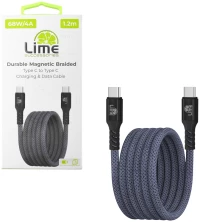LIME USB-C TYPE C TO USB-C TYPE C 4A ΦΟΡΤΙΣΗΣ-DATA DURABLE MAGNETIC BRAIDED 1.2m LBMCC02 68W GREY