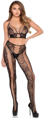 LEG AVENUE - 89368 NET & LACE CROP TOP AND TIGHTS BLACK - ONE SIZE