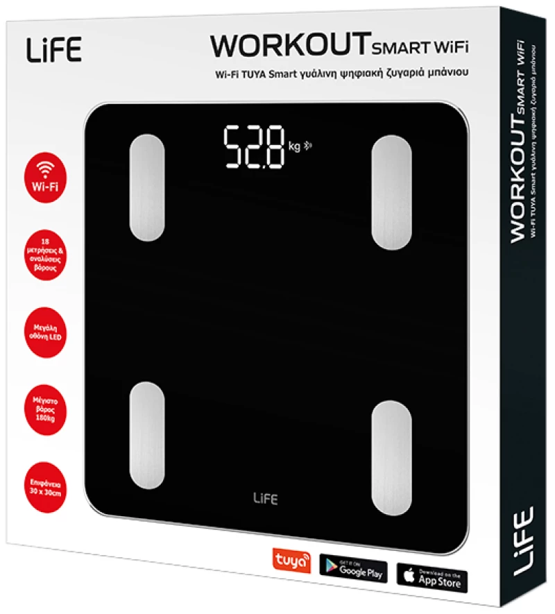 LIFE WORKOUT SMART WIFI Wi-Fi TUYA Smart γυάλινη ψηφιακή ζυγαριά μπάνιου