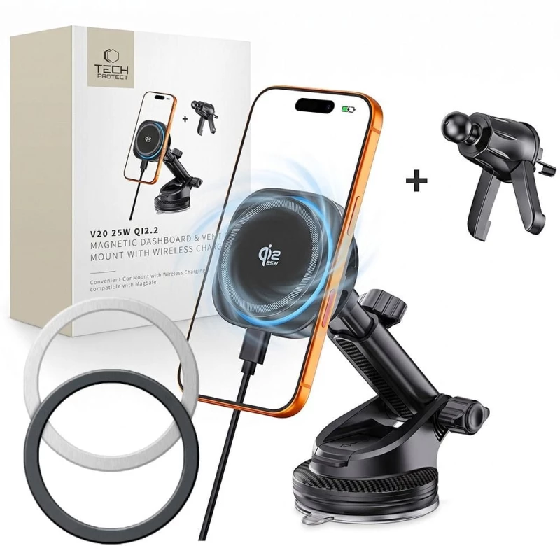 Μαγνητική Βάση Φόρτισης Αυτοκινήτου Tech-Protect V20 ArcticBoost MagSafe Qi2.2 25W Μαύρη