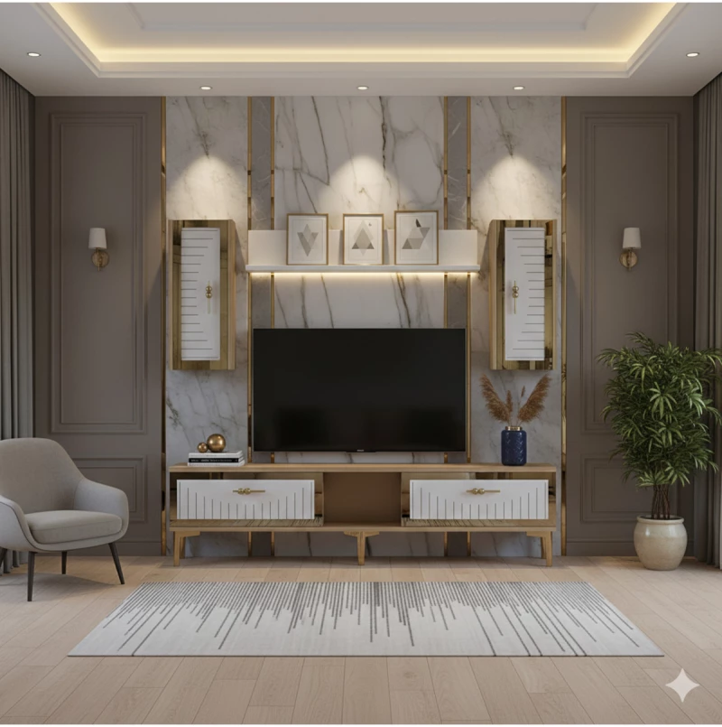 Stewehome Σετ μοντέρνας σύνθεσης τηλεόρασης με ράφι από σανίδα λευκό και ασημί 150x30x41 cm