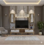 Stewehome Σετ μοντέρνας σύνθεσης τηλεόρασης με ράφι από σανίδα λευκό και ασημί 150x30x41 cm