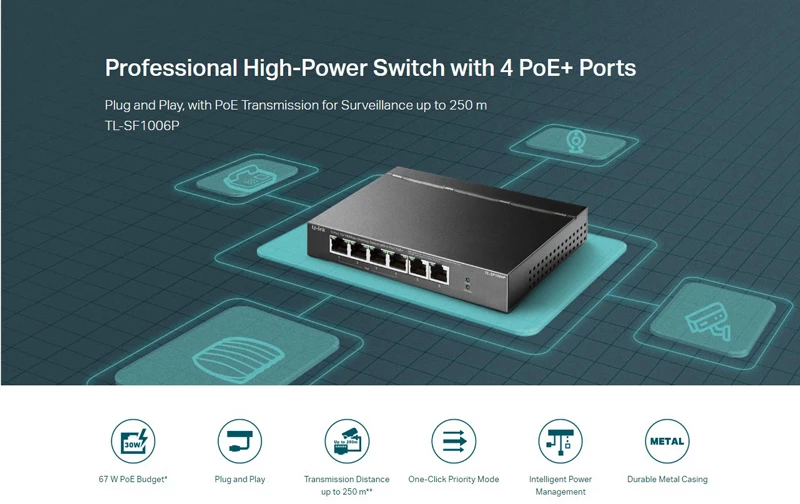 TP-LINK desktop switch TL-SF1006P  6-Port 10/100Mbps  4x PoE+  Ver. 1.0