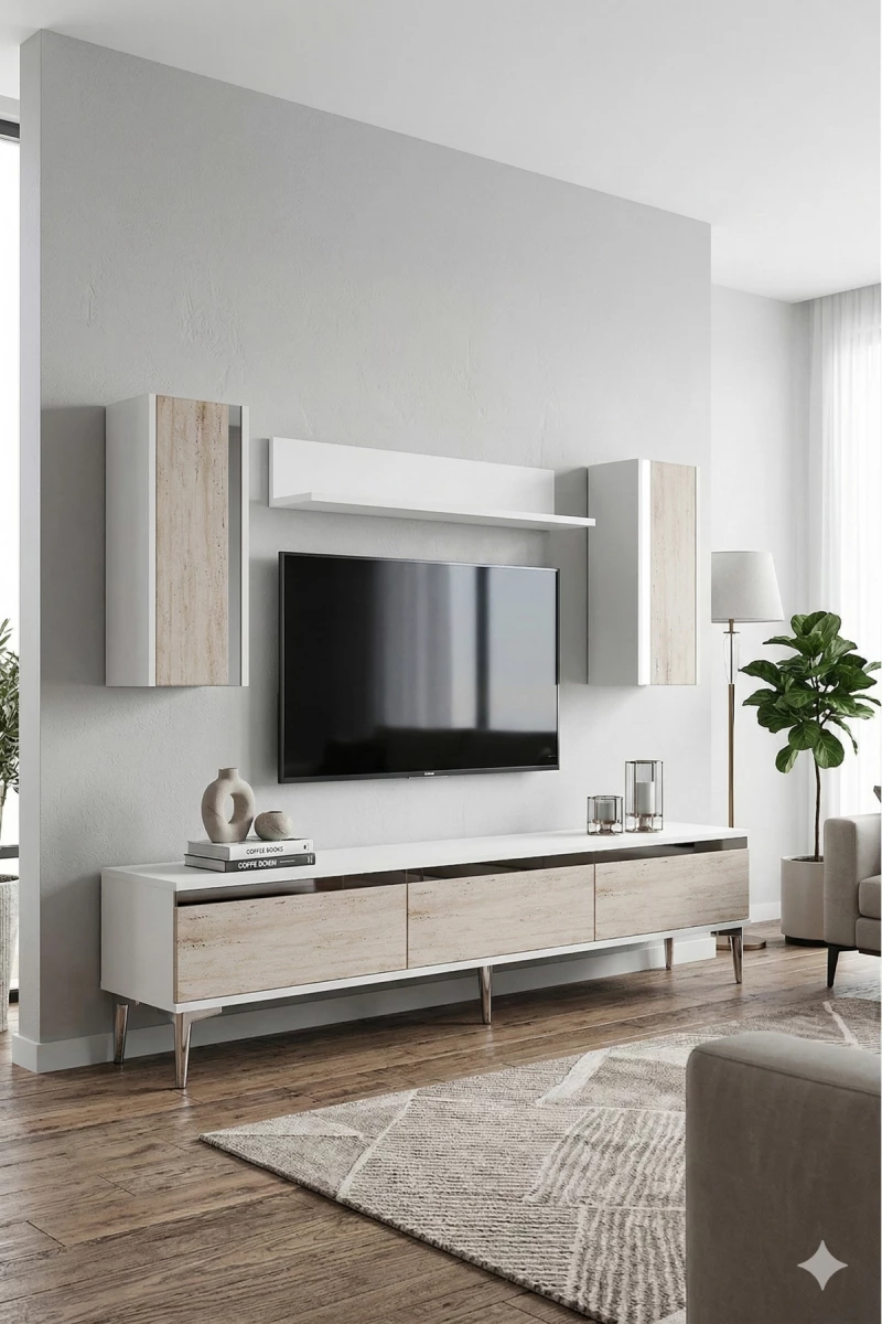 Stewehome Σετ μοντέρνας σύνθεσης τηλεόρασης με ράφι από σανίδα μελαμίνης 180x30x41 cm