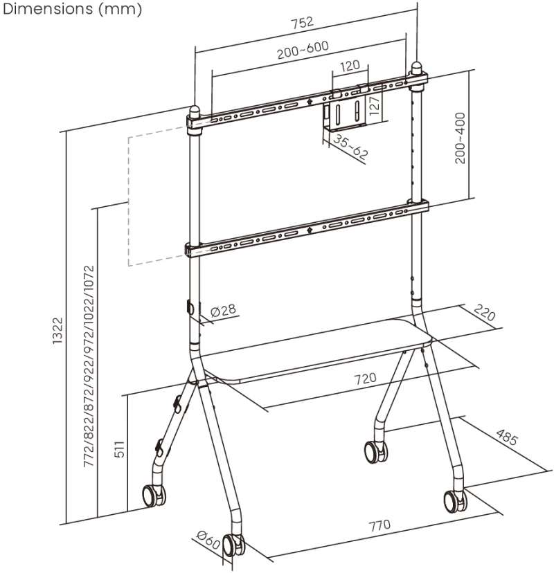 BRATECK βάση τηλεόρασης δαπέδου FS66-46F-01, 37-86", έως 80kg, με ράφι & ροδάκια