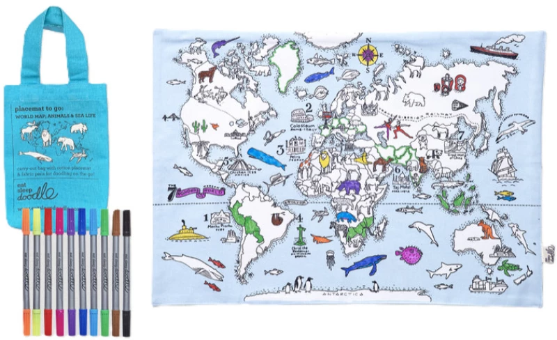 Σούπλα | Placemat 'Eat Sleep Doodle' | World Map: Animals and Sea Life | MAPPTG