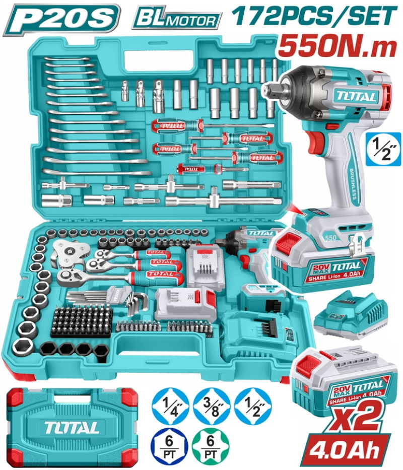 Total THKTHP41728E Brushless Μπουλονόκλειδο Μπαταρίας 20V 2x4Ah με Υποδοχή 1/2"