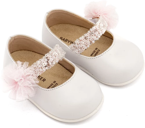 Babywalker Γοβάκι Μονή Μπαρέτα Διακοσμημένο με Τρέσα και Τούλινο Πον Πον PRI2657 Λευκό Ροζ
