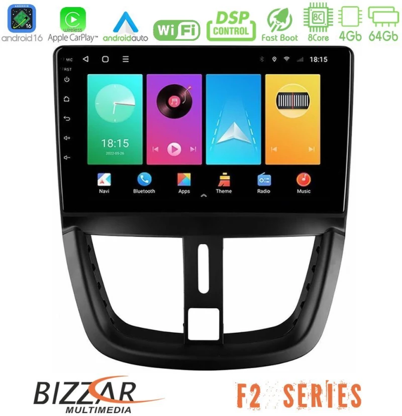 Bizzar F2 Series 8Core Android16 4+64GB  Peugeot 207 Navigation Multimedia Tablet 9"