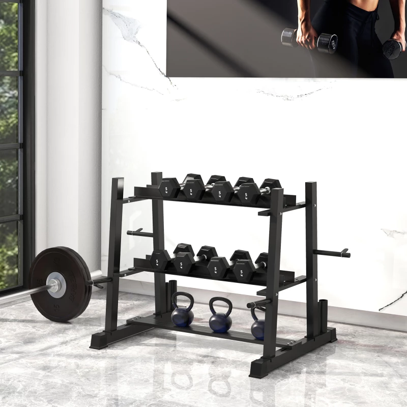 Βάση αλτήρων, Kettlebell, Πλάκες βάρους, 3 επιπέδων, Ρυθμιζόμενο, Ατσάλι, 131 x 75 x 80 cm, Μαύρο