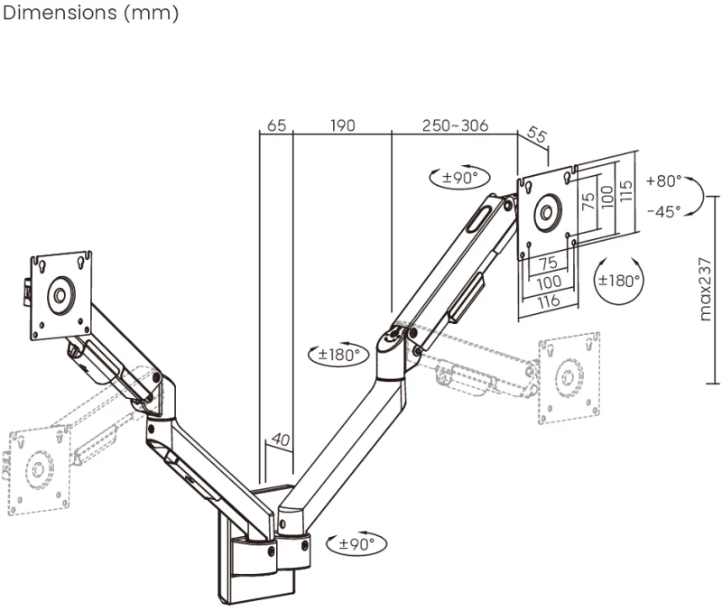 BRATECK επιτοίχια βάση για 2x οθόνες LDA113-114, 17-32", έως 9kg