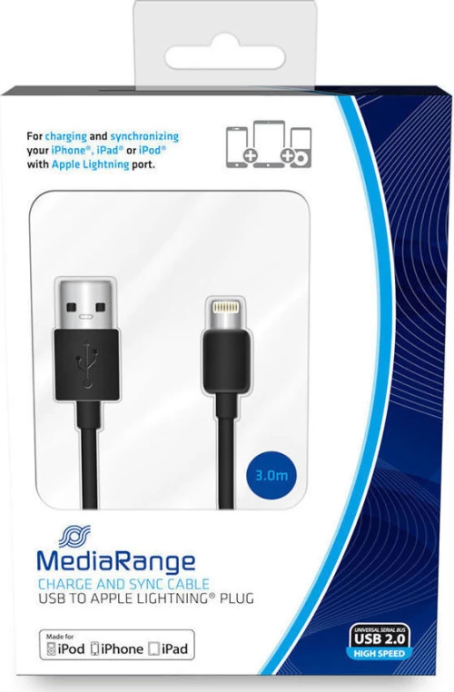 MediaRange Regular USB to Lightning Cable Μαύρο 3m (MRCS180)