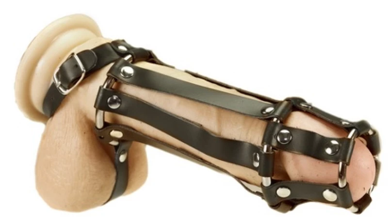 BDSM Δερμάτινο κάλυμμα πέους με 3 κρίκους και 6 λουράκια