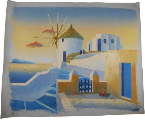 Πίνακας Ζωγραφικής Χειροποίητος Σε Καμβά Με Ανάγλυφη Πινελιά Τοπίο Στο Νησί 43X51cm Σ 20